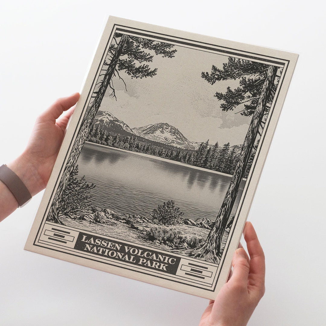 Lassen Volcanic National Park Lithograph Style Print - Vintage California archival matte fine art print. Lake Helen Shasta Cascade Gift