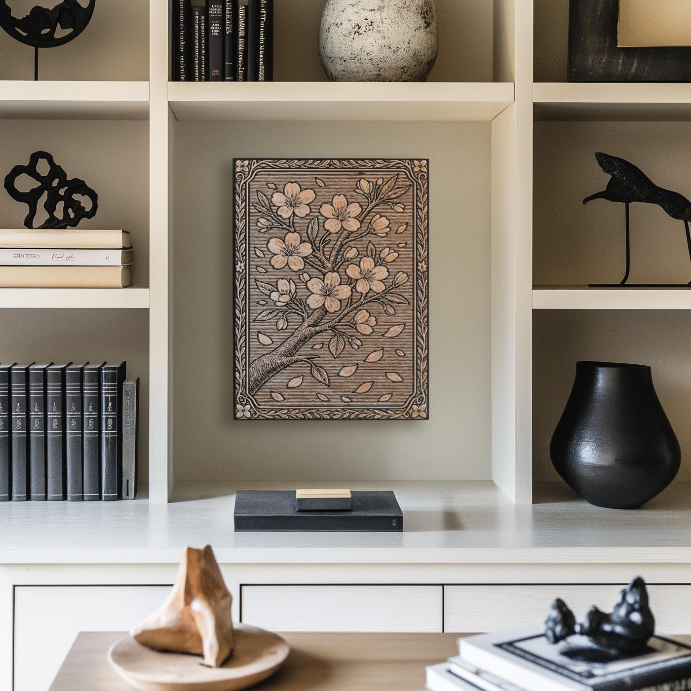 Cherry Blossom Branch Engraved Birch Illustration