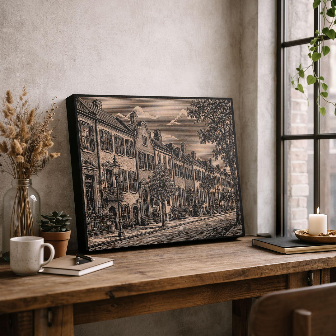 Charleston Rainbow Row Engraved Birch Art Panel