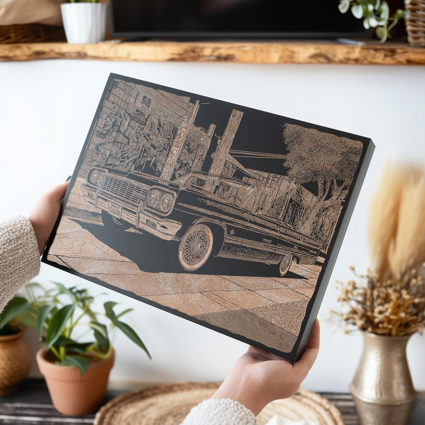 Vintage Lowrider Convertible Engraved Illustration