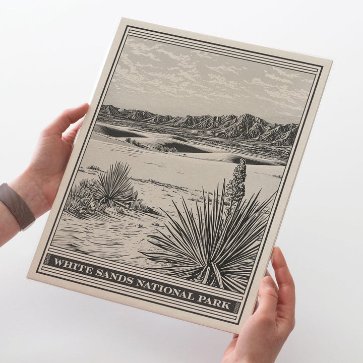 White Sands National Park Lithograph Style Print - Vintage New Mexico archival matte fine art print. Tularosa Basin Gypsum Dune. Travel Gift