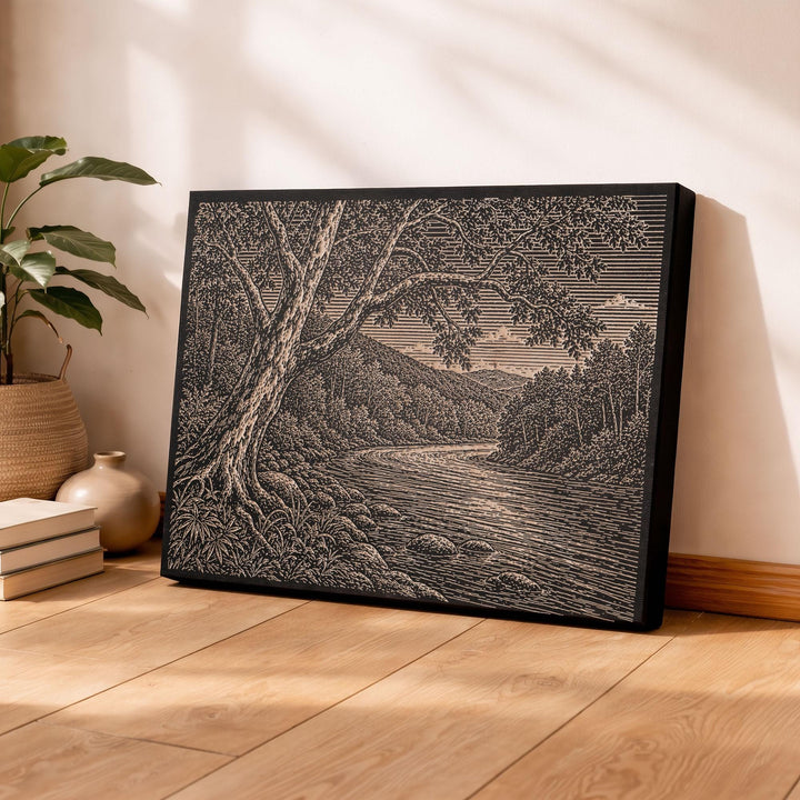 Sycamore River Bend Engraved Birch Art Panel