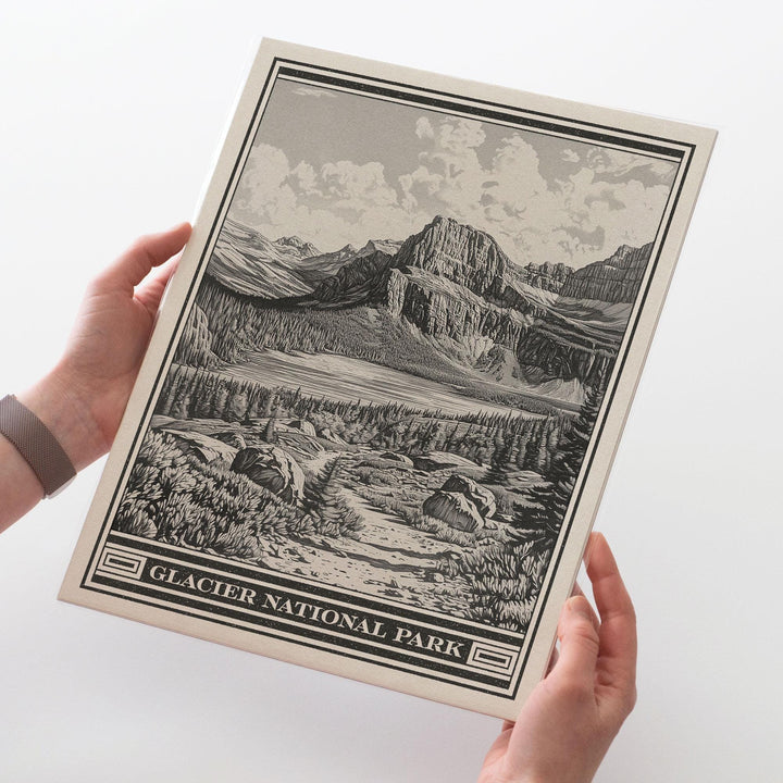 Glacier National Park Lithograph Style Print - Vintage Grinnell Lake Montana archival matte fine art print.  Cliffs of Angel Wing hiker gift