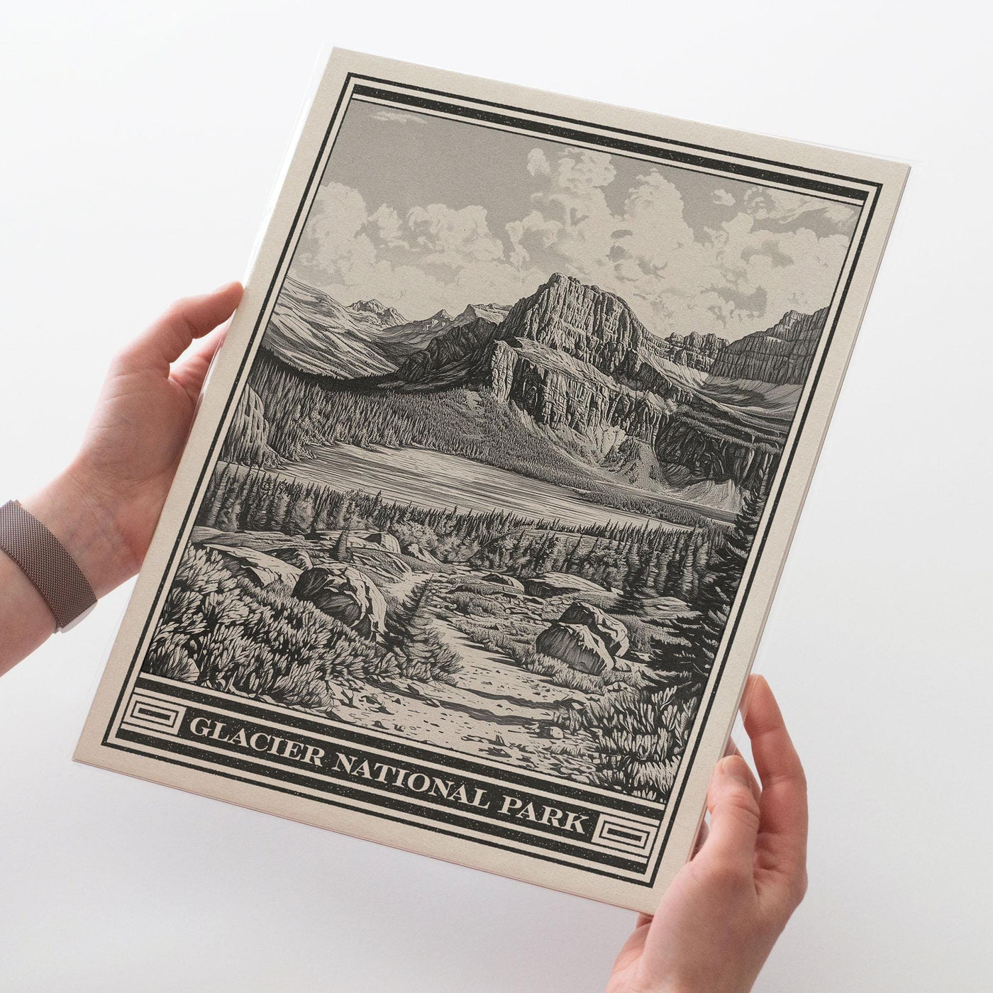 Glacier National Park Lithograph Style Print - Vintage Grinnell Lake Montana archival matte fine art print.  Cliffs of Angel Wing hiker gift