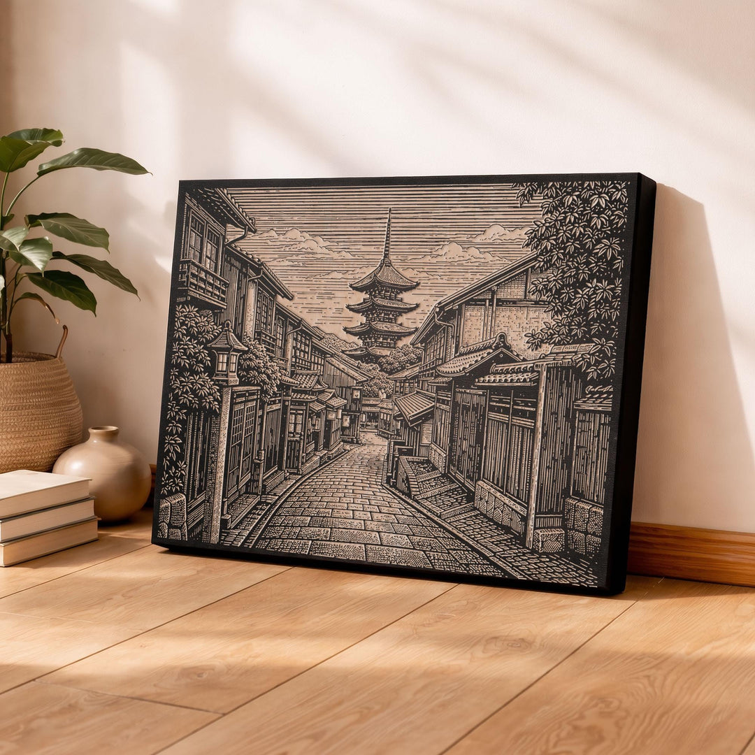 Kyoto Pagoda Street Engraved Birch Art Panel