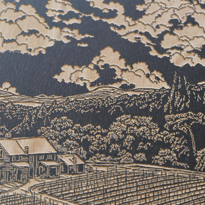 California Wine Country Vineyard Scene Engraved Illustration
