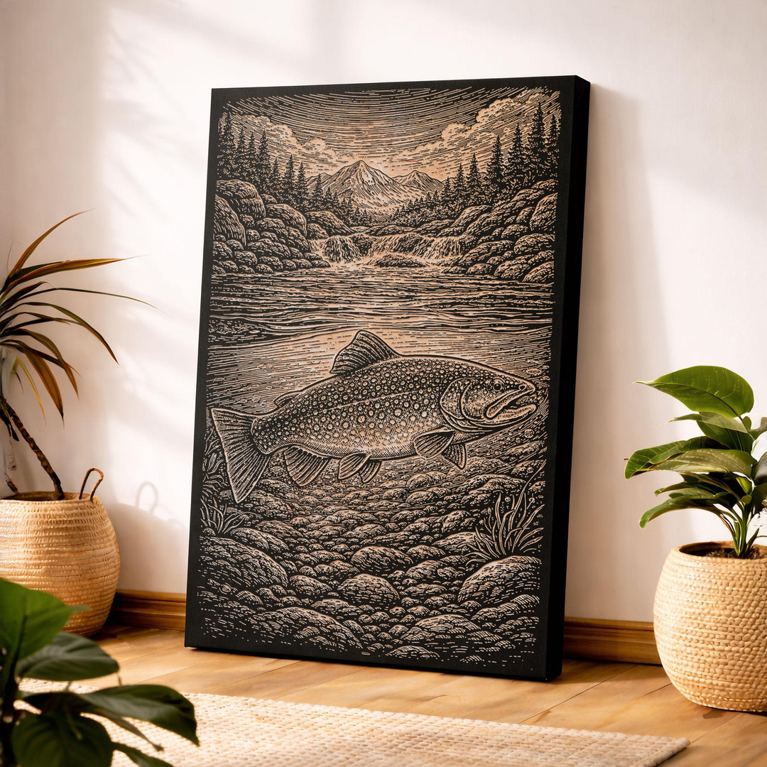 Mountain Stream Brook Trout Engraved Birch Art Panel