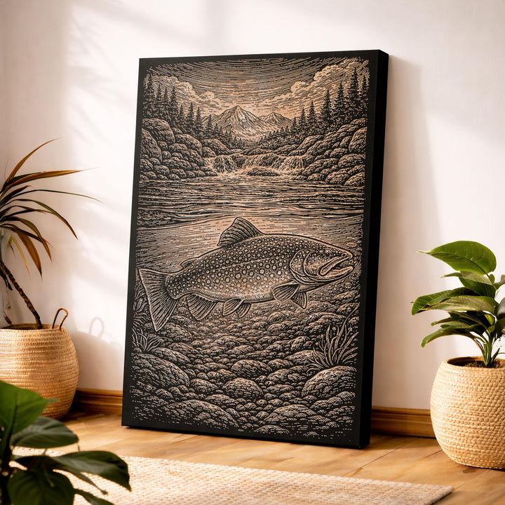 Mountain Stream Brook Trout Engraved Birch Art Panel
