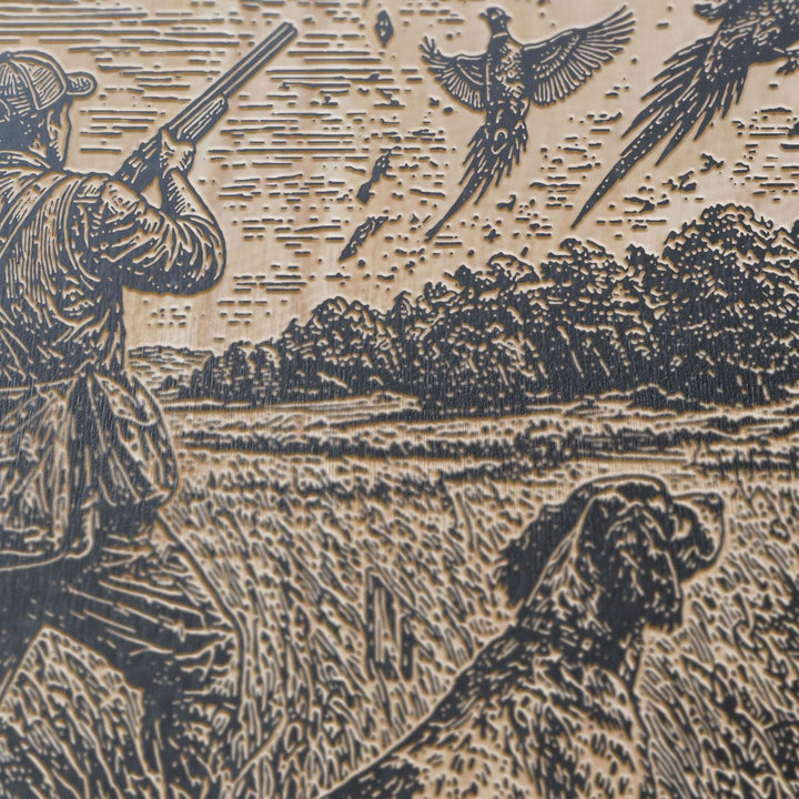 Hunter in the Field with Dogs and Birds Engraved Illustration
