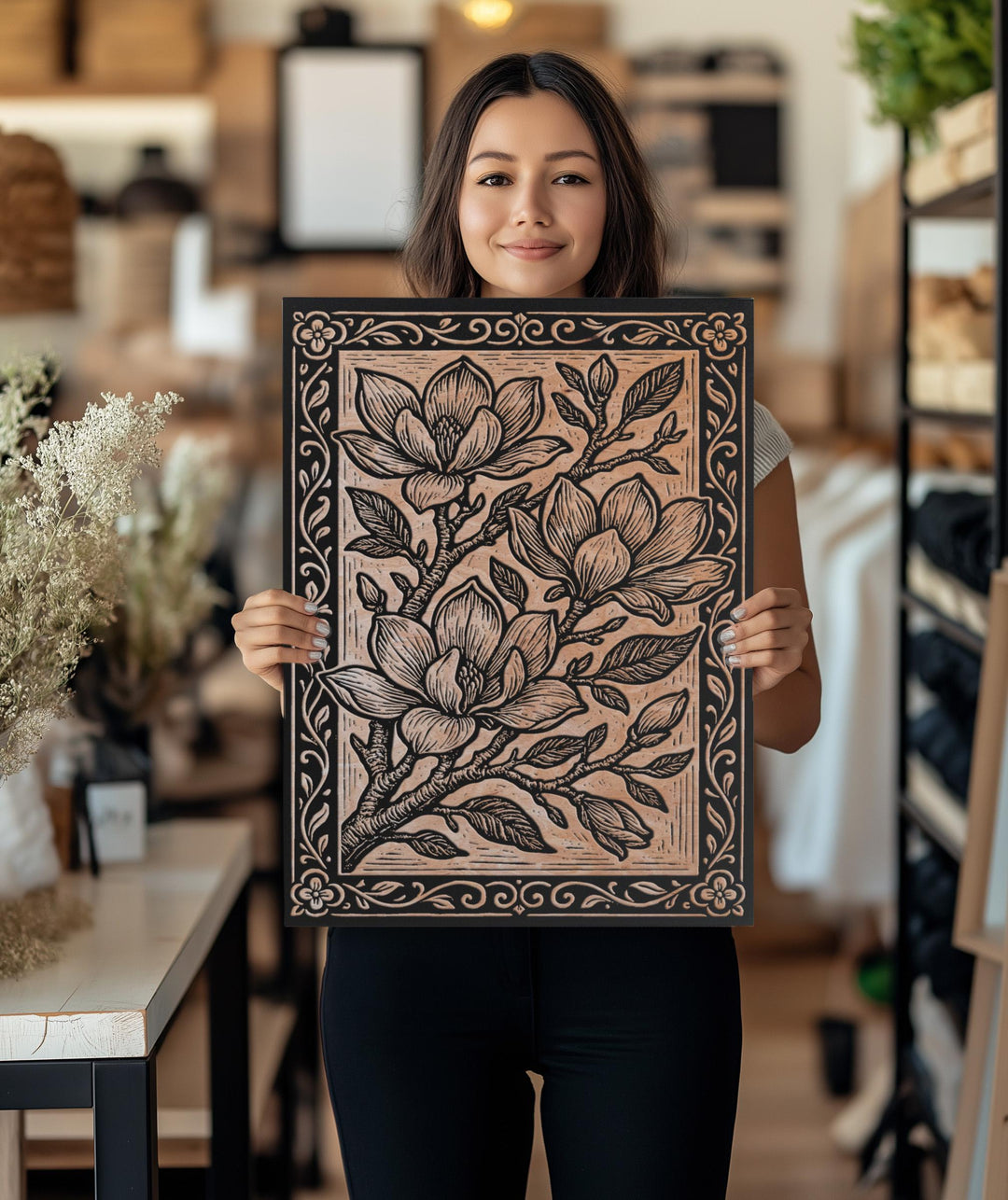 Magnolia Blossoms Engraved Birch Illustration