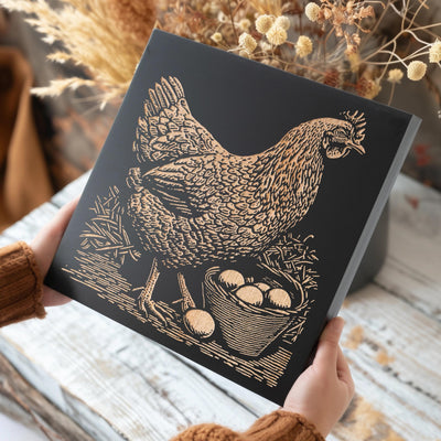 Hen With Eggs Engraved Wood Wall Art Panel