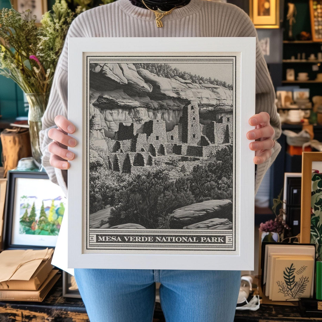 Mesa Verde National Park Lithograph Style Print - Vintage Colorado archival matte fine art print. Puebloan cliff dwellings. Western Gift