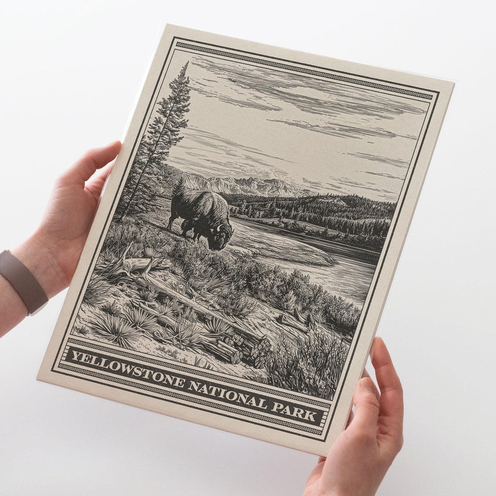 Yellowstone National Park Buffalo Lithograph style print - Vintage Wyoming poster design, archival matte fine art print, Western Ranch Gift