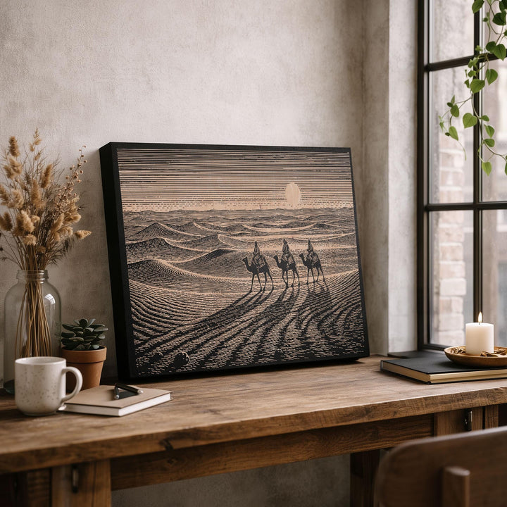 Camels in the Sahara Engraved Birch Art Panel