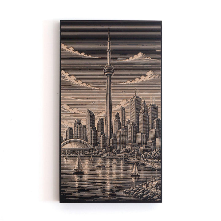 Toronto Skyline and CN Tower Engraved Birch Wood Art Panel