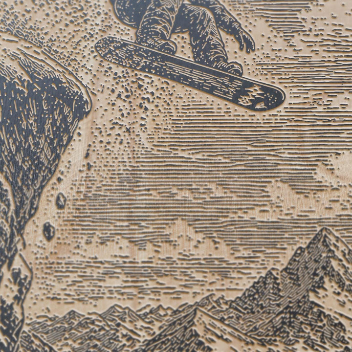 Snowboarder Cliff Jumping Engraved Illustration