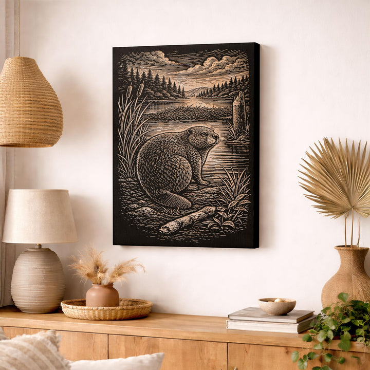 Beaver at Wetland Edge Engraved Birch Art Panel