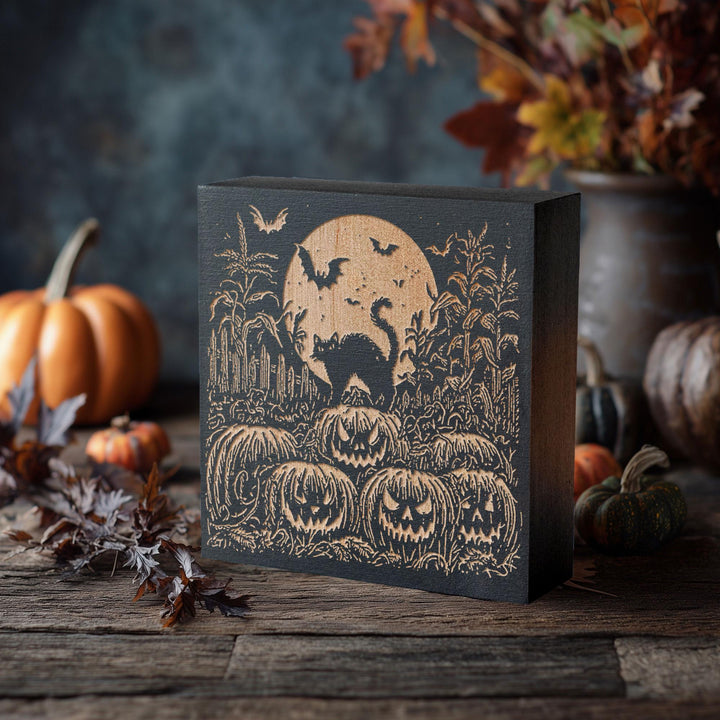 Black Cat Pumpkin Patch Engraved Birch Wood Panel