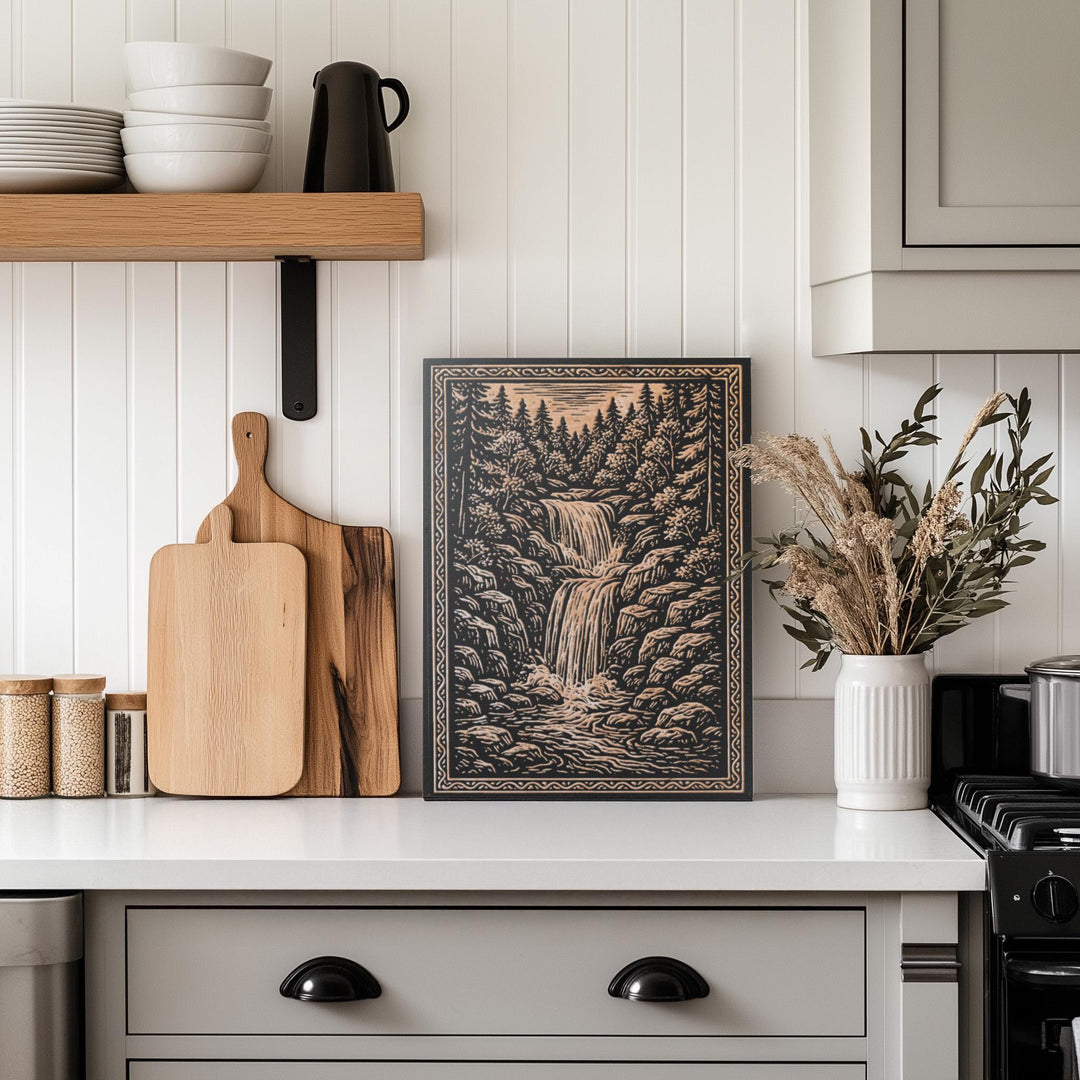 Forest Waterfall Engraved Birch Illustration