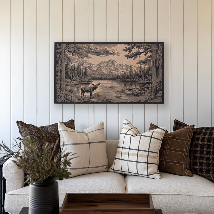 Moose in Denali National Park Engraved Illustration