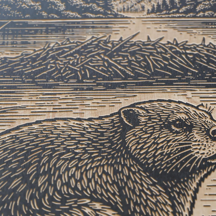 Beaver at Wetland Edge Engraved Birch Art Panel