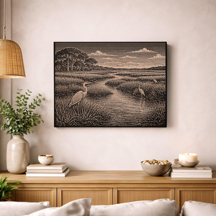 Lowcountry Marsh with Egrets Engraved Birch Art Panel