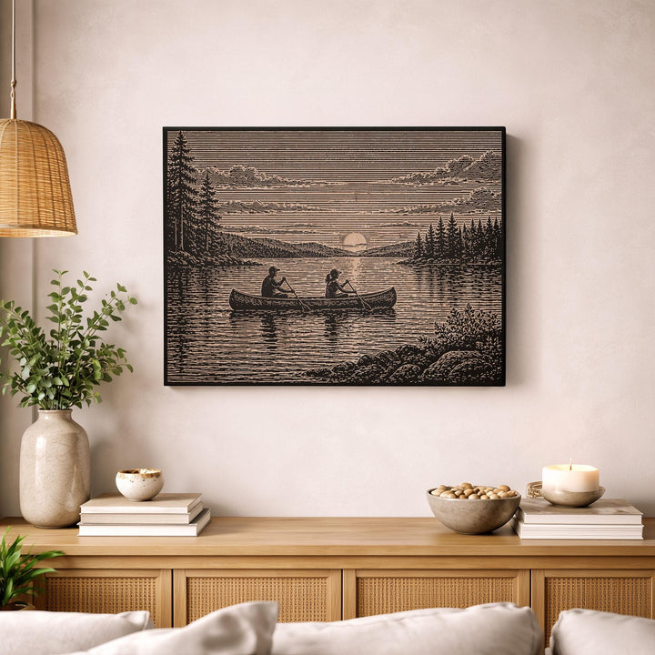 Canoe at Sunset on Calm Lake Engraved Illustration