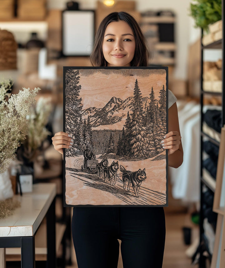 Dog Sledding Engraved Illustration