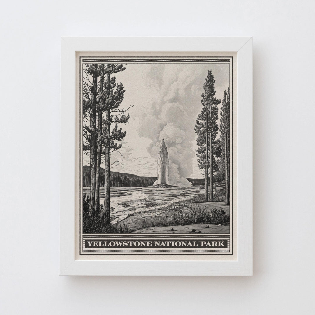 Yellowstone National Park Old Faithful Lithograph Style Print - Vintage Wyoming poster design, archival matte fine art print, Western Gift