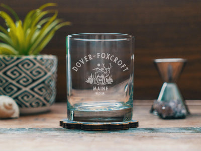 Custom Maine Town Deer Glasses | Personalized glassware for beer, whiskey, wine and cocktails. State hometown gift. Barware home decor.