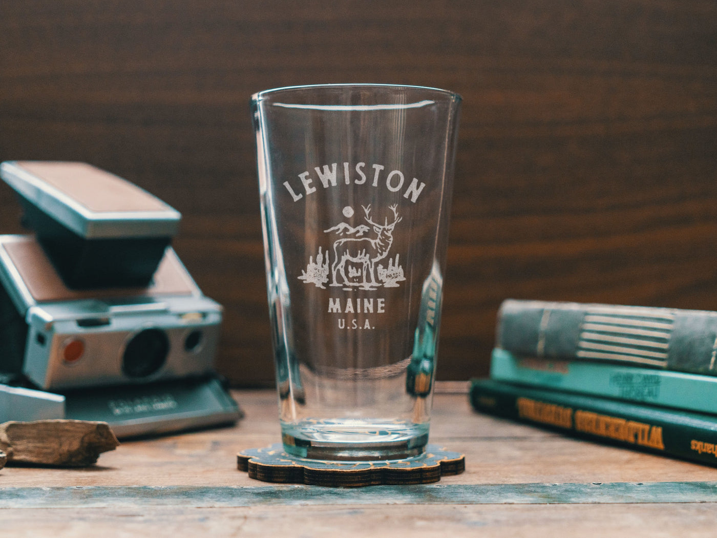 Custom Maine Town Deer Glasses | Personalized glassware for beer, whiskey, wine and cocktails. State hometown gift. Barware home decor.