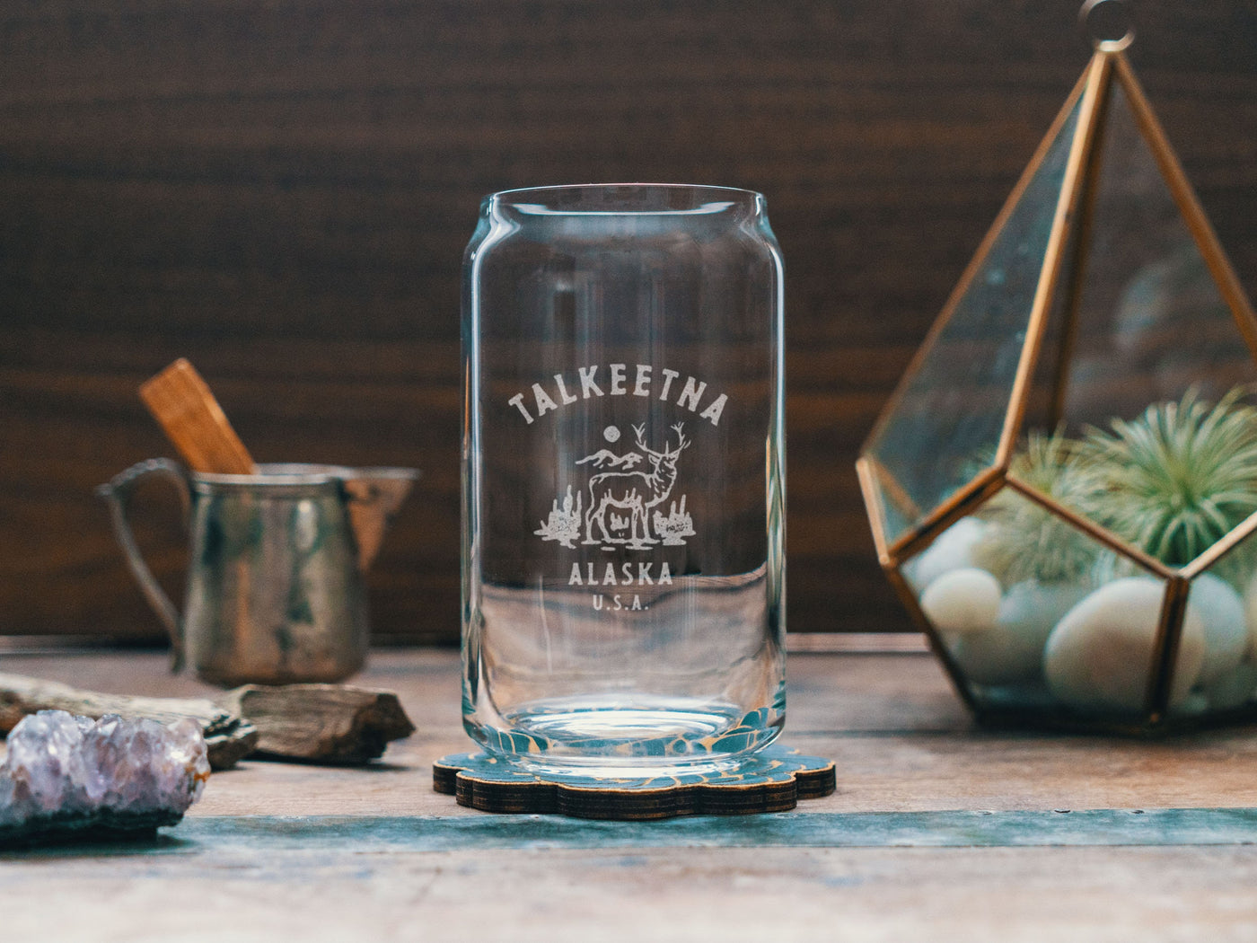 Custom Alaska Town Deer Glasses | Personalized glassware for beer, whiskey, wine and cocktails. State hometown gift. Barware home decor.