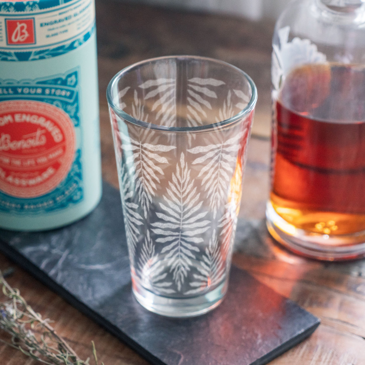 Groovy Leaf Pattern Engraved Glasses | Custom beer, whiskey, wine & cocktail glassware. Retro style hippy vibes. Fun Bar home decor.