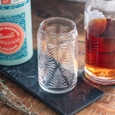 Groovy Leaf Pattern Engraved Glasses | Custom beer, whiskey, wine & cocktail glassware. Retro style hippy vibes. Fun Bar home decor.