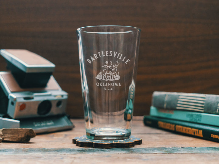 Custom Oklahoma Town Deer Glasses | Personalized glassware beer, whiskey, wine, and cocktails. State hometown gift. Barware home decor