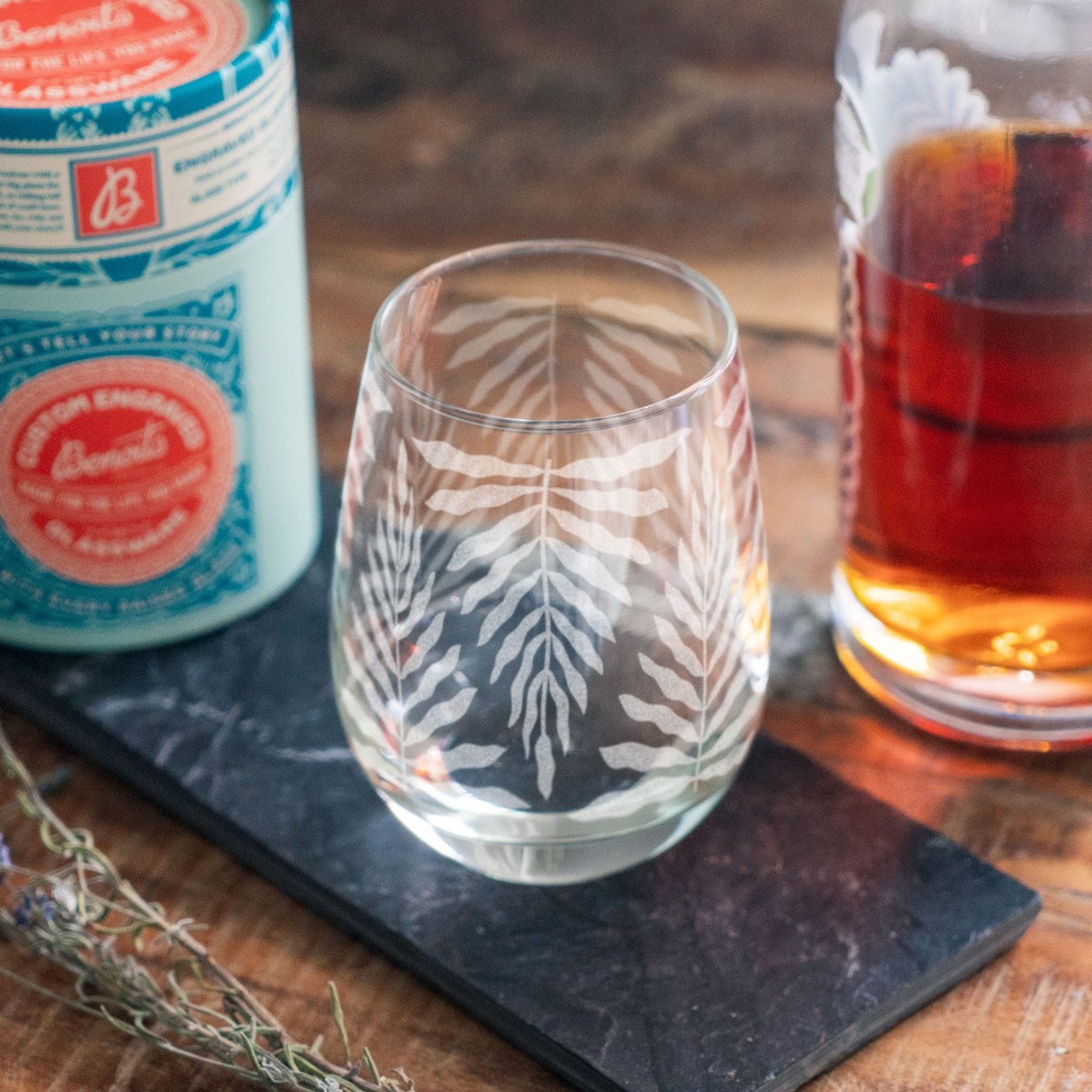 Groovy Leaf Pattern Engraved Glasses | Custom beer, whiskey, wine & cocktail glassware. Retro style hippy vibes. Fun Bar home decor.