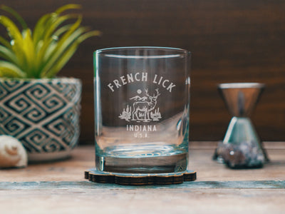 Custom Indiana Town Deer Glasses | Personalized glassware beer, whiskey, wine, and cocktails. State hometown gift. Barware home decor.