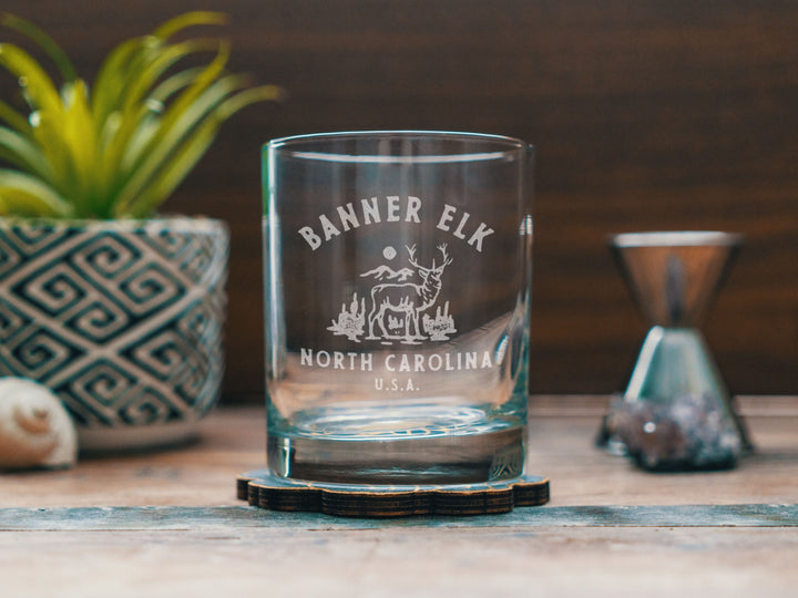 Custom North Carolina Town Deer Glasses | Personalized glassware beer, whiskey, wine, and cocktails. State hometown gift. Barware home decor