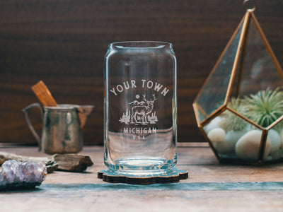 Custom Michigan Deer Glasses | Personalized glassware beer, whiskey, wine, and cocktails. State hometown gift. Barware home decor.