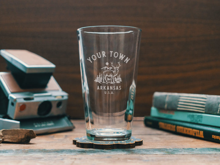 Custom Arkansas Town Deer Glasses | Personalized glassware for beer, whiskey, wine and cocktails. State hometown gift. Barware home decor.