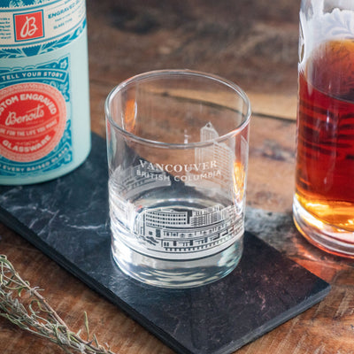 Vancouver, British Columbia City Skyline Engraved Glasses | Hometown etched glassware for beer, whiskey, wine and drinks. Housewarming gift.