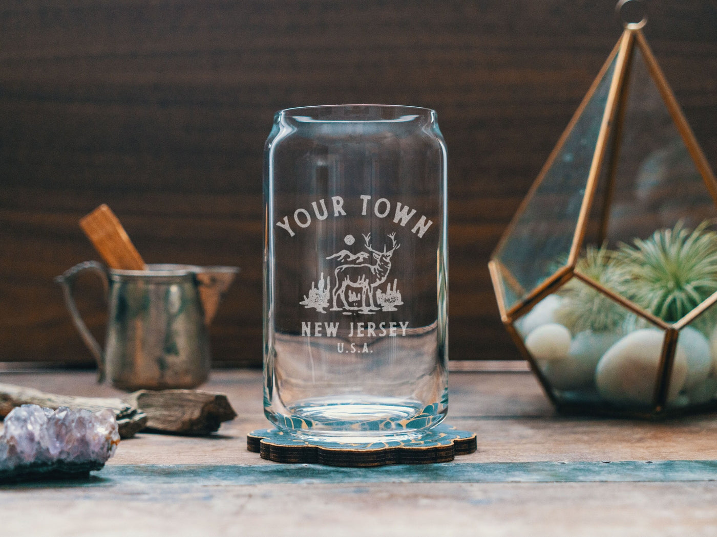 Custom New Jersey Town Deer Glasses | Personalized glassware beer, whiskey, wine, and cocktails. State hometown gift. Barware home decor