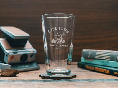 Custom North Dakota Town Deer Glasses | Personalized glassware beer, whiskey, wine, and cocktails. State hometown gift. Barware home decor