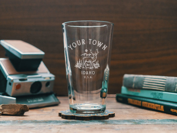 Custom Idaho Town Deer Glasses | Personalized glassware for beer, whiskey, wine and cocktails. State hometown gift. Barware home decor.