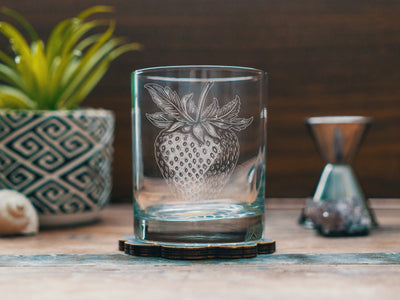 Strawberry Glasses | Personalized Whiskey, Wine & Beer Etched Glassware, Strawberry Cocktail Gifts, Vintage Fruit Farmhouse Kitchen Decor