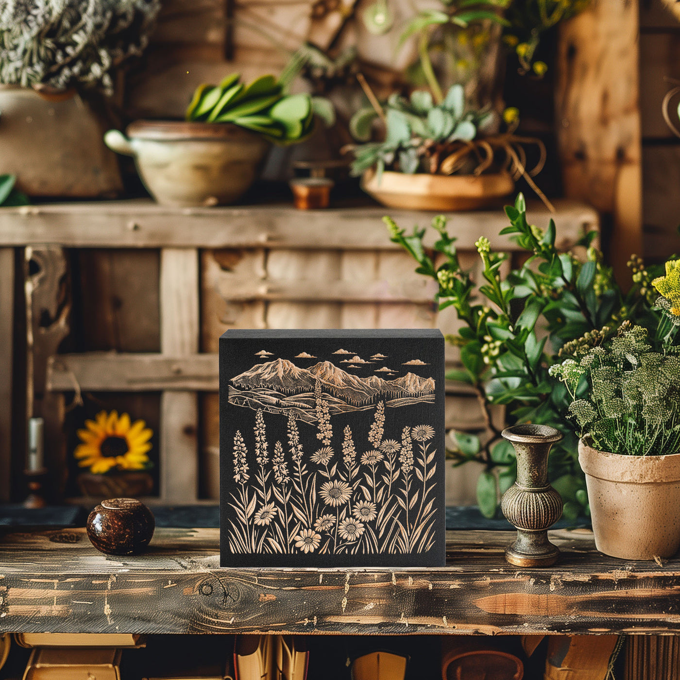 Idaho Wildflowers & Mountains Engraved Illustration