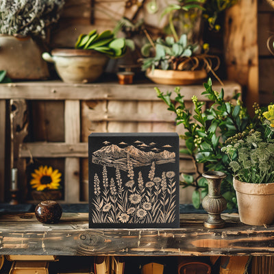 Idaho Wildflowers & Mountains Engraved Illustration