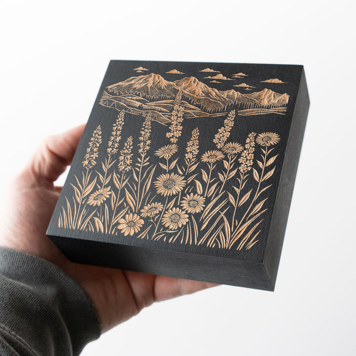 Idaho Wildflowers &amp; Mountains Engraved Illustration