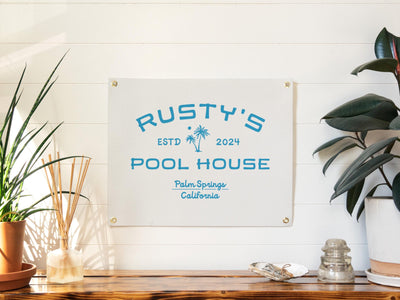 Custom Beach Theme Name Sign Felt Banner | Personalized Surf Shack, Pool House, Tiki Bar, Seaside Cottage Felt Flag Sign, Unique Family Gift