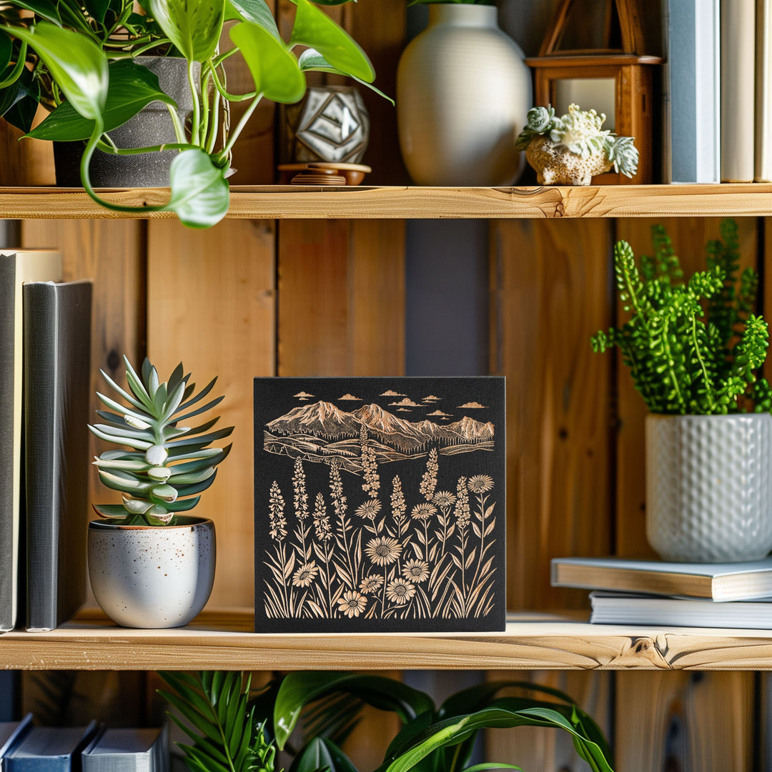 Idaho Wildflowers &amp; Mountains Engraved Illustration